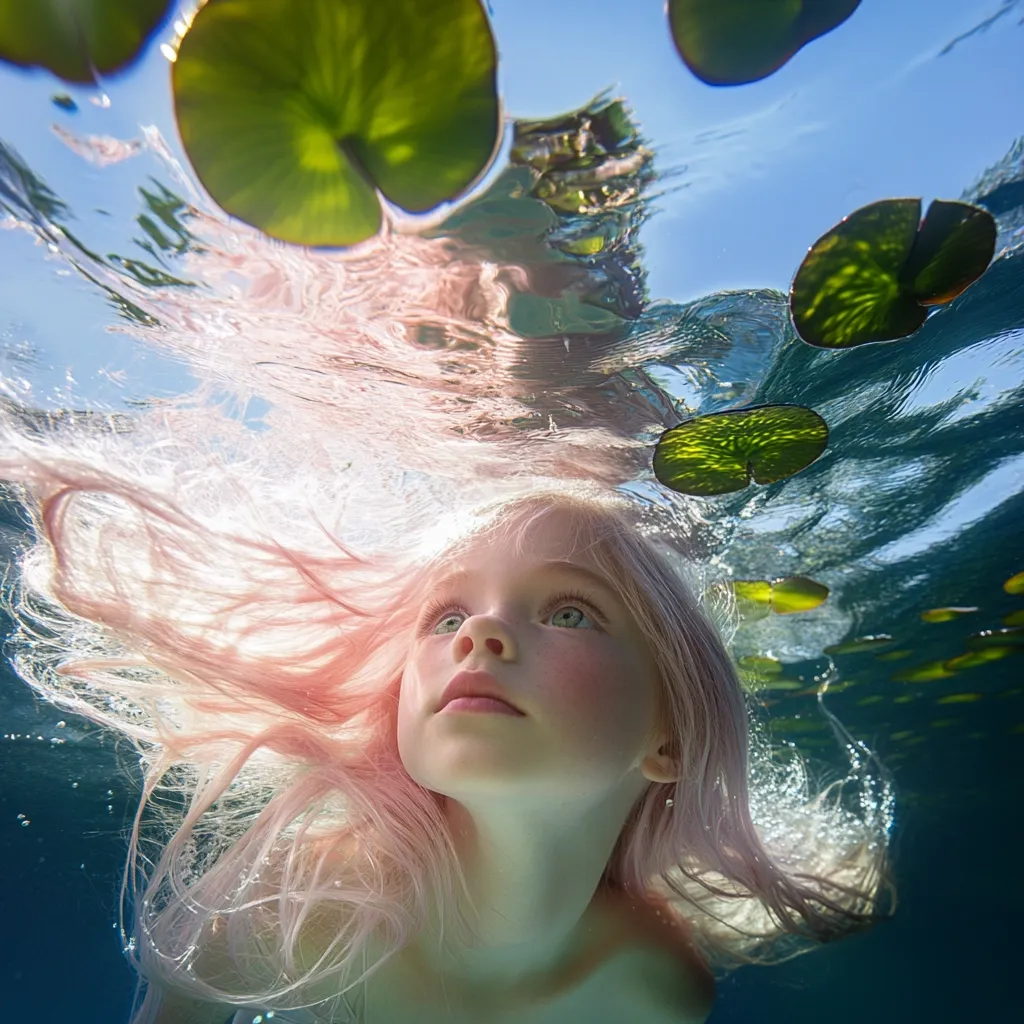 Underwater photo of a girl in a lake taken form the ground up. Worm view, water lily pads viewed from the bottom side, she has pale pink hair , she is 8 years old looking up. green eyes , bright sunny sky, , natural lighting, dramatic light, gel lighting, Frontlight, Cinematic Lighting, and colorful --iw 2.0 --s 50 --v 6.1 --ar 1:1