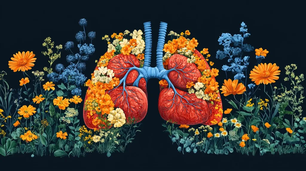 A pair of human lungs are depicted in the center of the image, surrounded by a vibrant array of flowers and greenery. The lungs are a vivid red with blue veins branching out, while the flowers are a mix of oranges, yellows, and whites. The background is a dark blue, creating a stark contrast to the colorful flora. The overall impression is one of delicate beauty and life, with the lungs symbolizing the importance of clean air and a healthy environment.