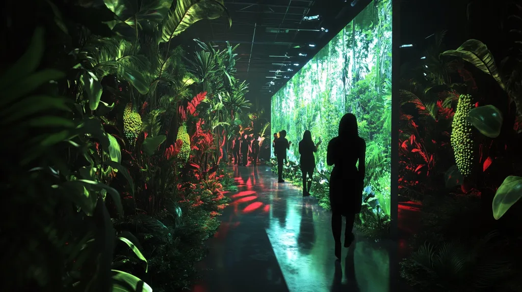 A long, narrow hallway lined with lush tropical plants and trees. The walls are adorned with large screens displaying images of a dense forest. Silhouettes of people walk down the hallway, creating a sense of mystery and intrigue. The lighting is dim, casting long shadows and adding to the atmospheric feel of the space. The overall impression is one of immersion in a tropical paradise.