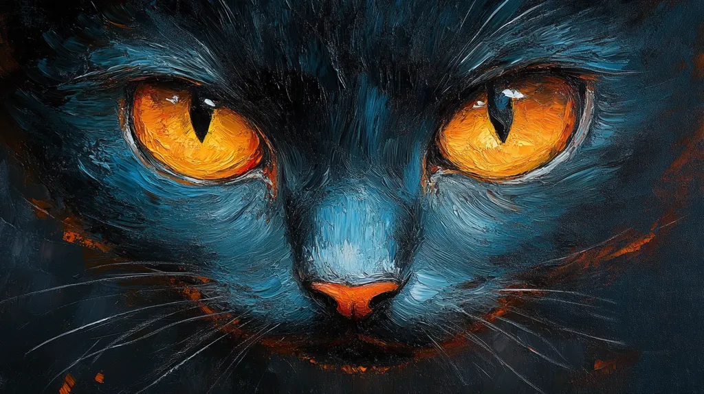 A close-up oil painting of a black cat's face, with a focus on its bright yellow eyes and a blue, textured nose. The cat's gaze is intense and slightly menacing, with a strong sense of depth and detail in the brushstrokes. The background is dark, allowing the cat's features to stand out. The painting is evocative of the cat's mysterious and alluring nature.