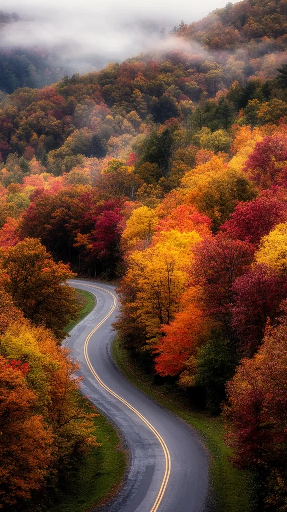 A winding asphalt road snakes through a lush forest, its yellow lines a stark contrast against the vibrant autumn foliage. The trees are ablaze with fiery hues of red, orange, and yellow, creating a breathtaking spectacle. A soft mist hangs in the air, adding an ethereal touch to the scene. The road seems to beckon travelers into the heart of this captivating woodland.