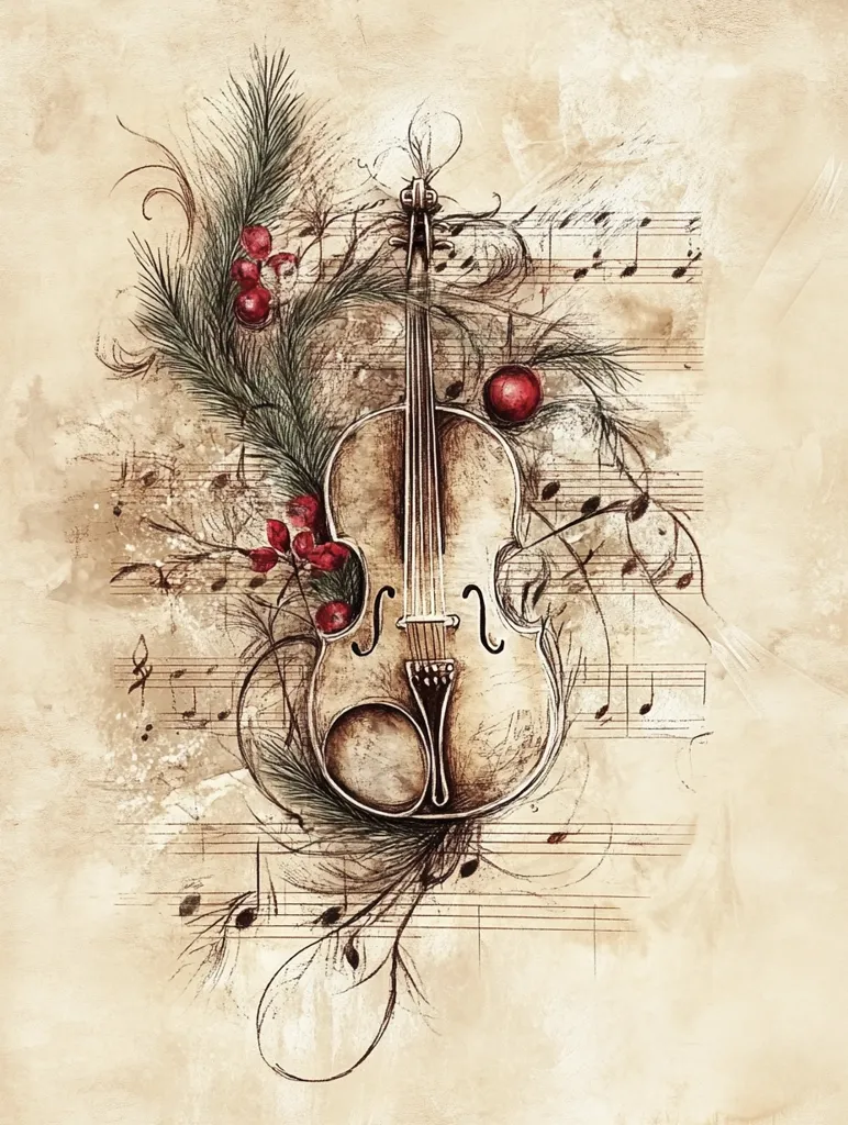 The image is a vintage-style illustration of a violin adorned with holly and berries. The violin sits atop a sheet of music, with delicate, intricate swirls of ink surrounding it. The background is a textured, aged parchment, creating a nostalgic and elegant atmosphere.