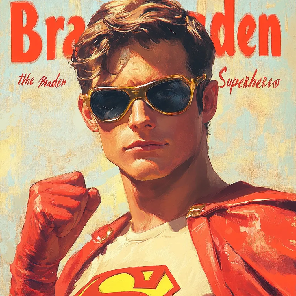 The image is a retro-style poster featuring a young man in a superhero costume.  He is wearing a red cape, a white shirt with a Superman logo, and sunglasses.  His hand is raised in a fist, ready for action.  The poster has a vintage feel and uses bold, bright colors.  The text on the poster reads, "Braden the Superhero."