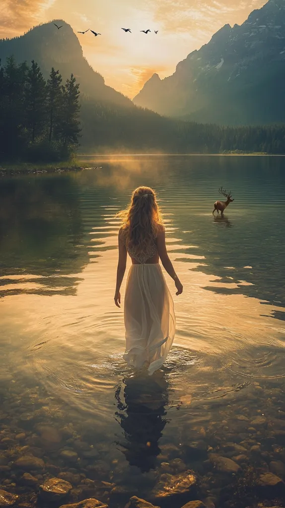A woman in a white dress walks towards the water's edge, her long, flowing hair trailing behind her. She is surrounded by a tranquil scene of a still lake reflecting the golden light of the setting sun. Majestic mountains rise in the distance, and a lone deer stands in the water.  The atmosphere is serene and peaceful, evoking a sense of solitude and contemplation.