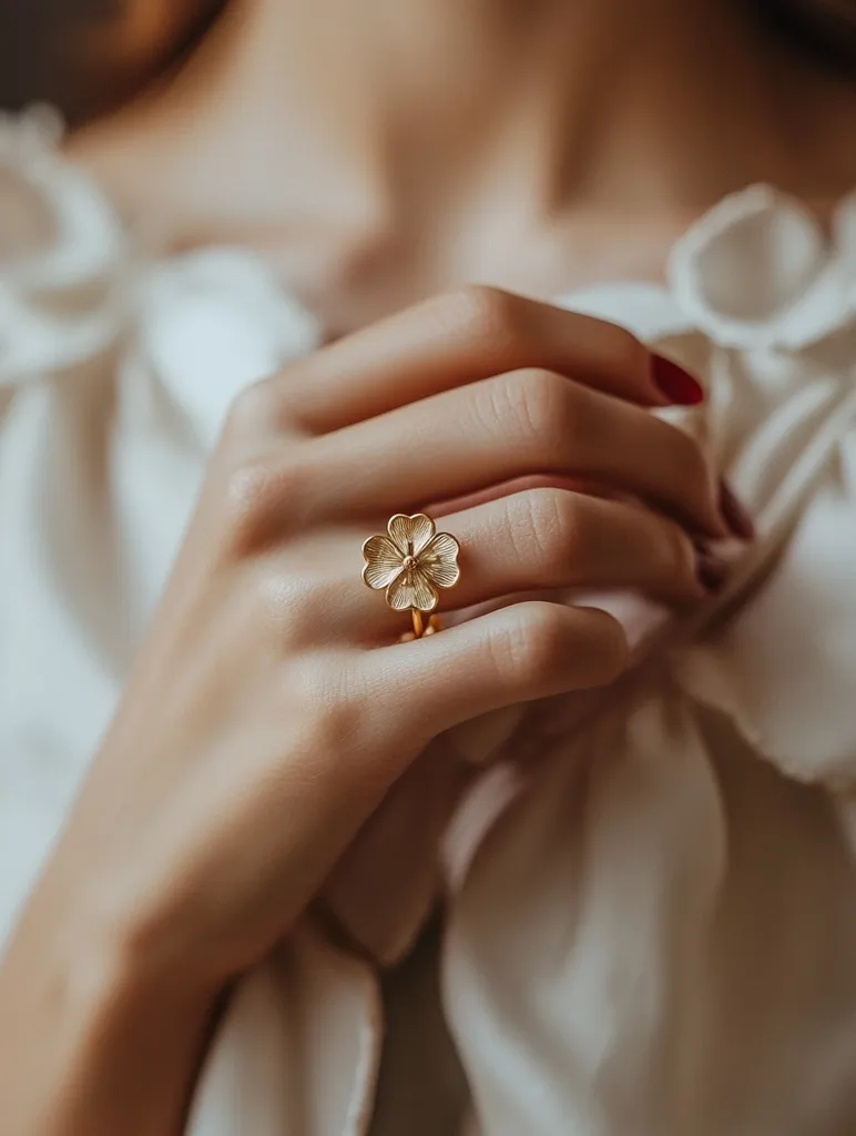 A woman's hand, adorned with a delicate gold ring shaped like a flower, rests gently on the soft, white fabric of her blouse. The ring is the focal point, drawing attention to its intricate design and the subtle shimmer of the gold. The background blurs into a soft, ethereal glow, highlighting the beauty of the hand and the ring. The image evokes a sense of elegance and femininity.