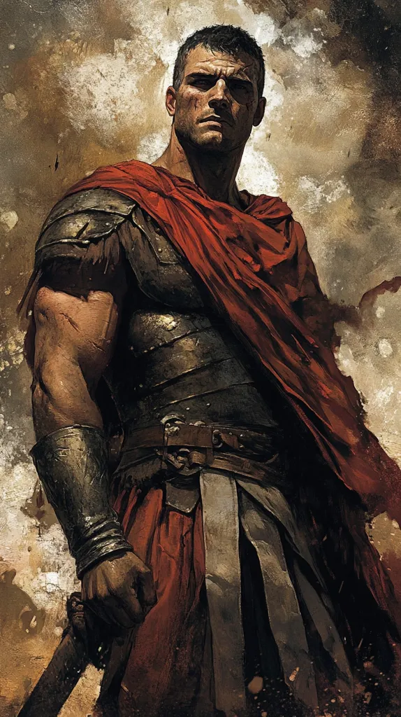 A Roman soldier, clad in a dark, metallic breastplate and a flowing red cloak, stands with a determined gaze. His arm is extended forward, clutching a sword, his muscles taut and powerful. The background is a blurred, earthy landscape with a sense of movement and energy. The image evokes a sense of strength, courage, and readiness for battle.