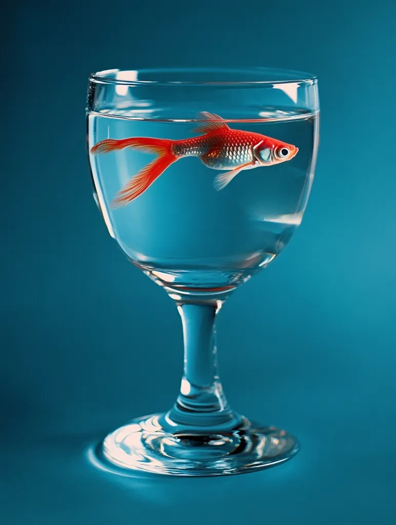 A single goldfish swims in a glass of water. The fish is red and white and is positioned in the center of the glass. The glass is clear and has a long stem. The background is a bright blue. The image is a simple yet elegant study in color and form.
