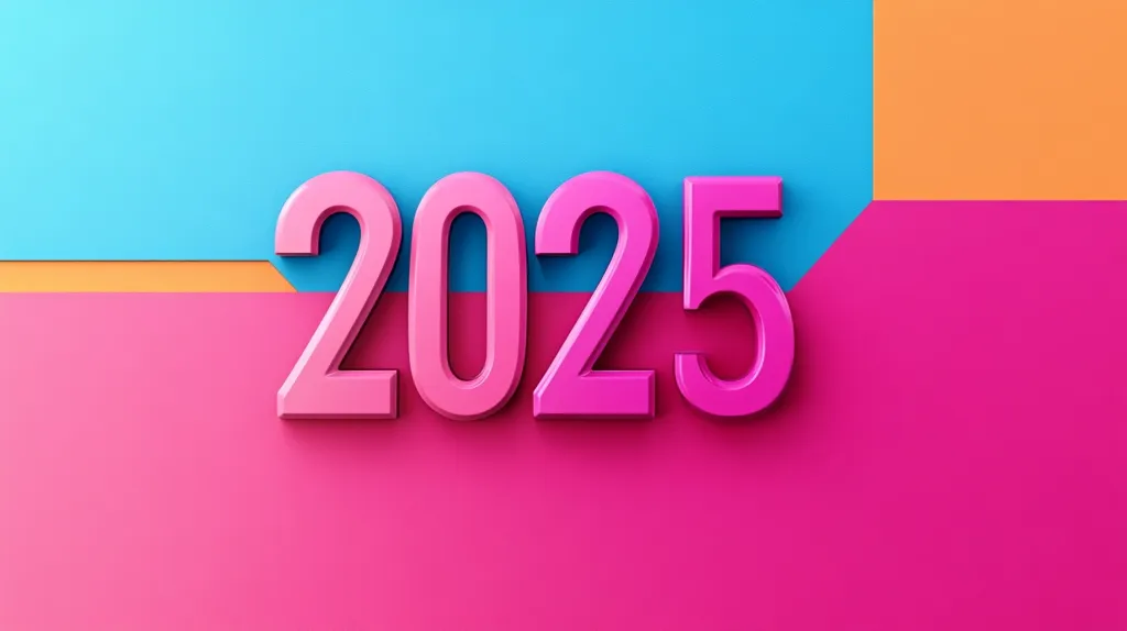 The image features the year 2025 displayed in bold, pink, 3D font. The numbers are positioned against a colorful background, transitioning from light blue at the top, to a thin orange strip, and finally a bright pink at the bottom. The image creates a vibrant and modern feel, emphasizing the year 2025.