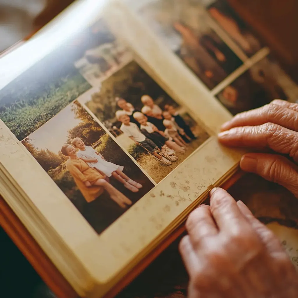A person is looking at a photo album filled with old photos. They are holding the album open, with their hands resting on the pages. The photos are of families and children, and the album is worn and loved. The image evokes feelings of nostalgia and the importance of family memories.