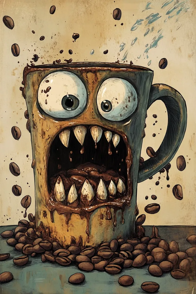 The image depicts a monstrous coffee mug with large, wide eyes and a gaping maw full of sharp teeth. The mug is overflowing with coffee, which is dripping down its sides and onto a pile of coffee beans. The background is a faded brown with scattered coffee beans. The image has a humorous and slightly unsettling feel, suggesting the mug is about to consume everything in its path.