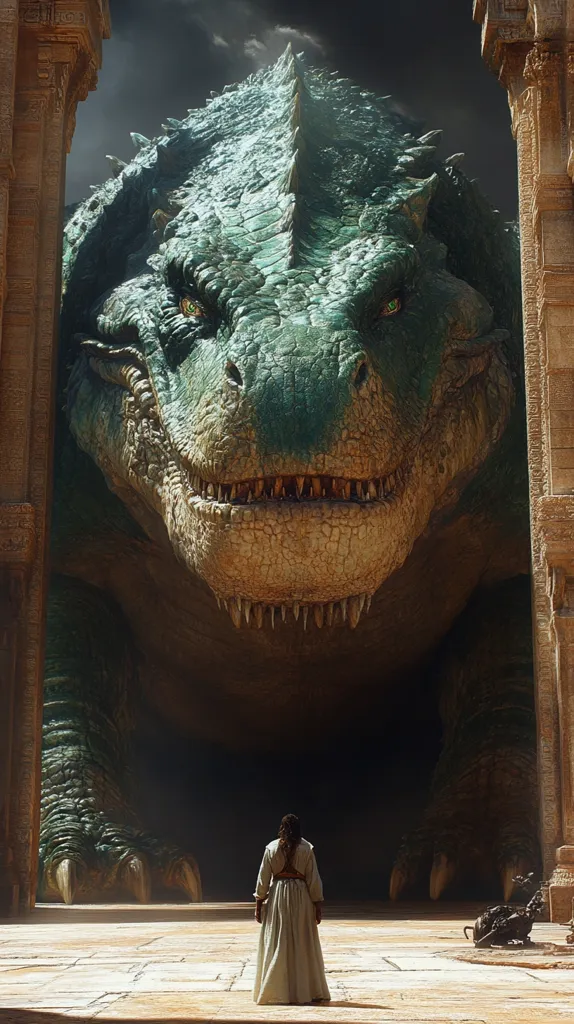 A colossal, green, reptilian creature, resembling a dragon, fills the frame. Its massive head and jaws are prominent, with sharp teeth visible. The creature stands between two ancient stone pillars, casting a shadow over a lone figure clad in a white gown, who stands in awe and possibly fear before the enormous beast. The scene is a dramatic portrayal of a confrontation between a powerful creature and a seemingly vulnerable human.