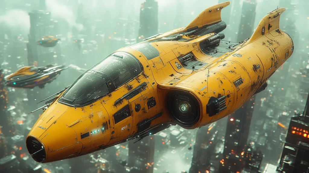 A futuristic, yellow spaceship flies through a city of tall, slender buildings. The ship is worn and weathered, with visible details like rivets and access panels. The city below is blurred and indistinct, creating a sense of speed and motion. The image has a gritty, industrial aesthetic.