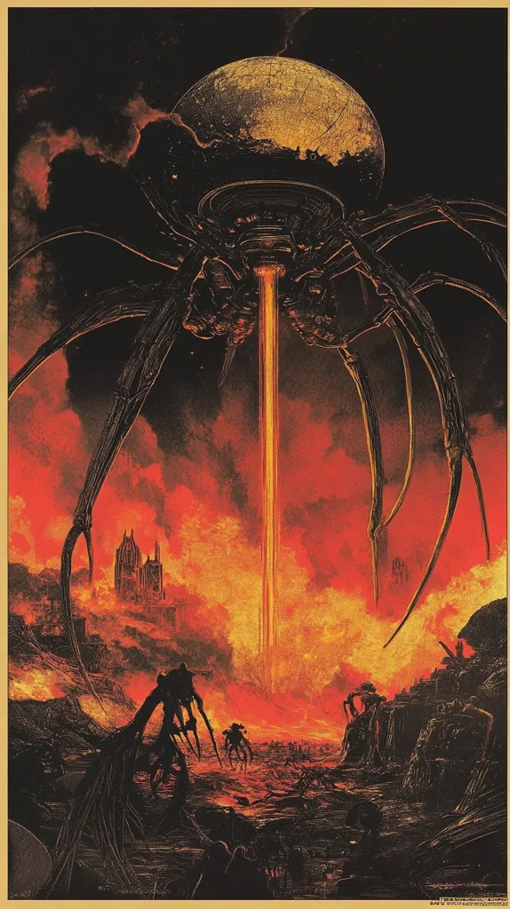 The image depicts a large, spider-like alien craft hovering over a burning city. The craft is emitting a powerful beam of light from its underside, which is engulfing the city in flames. The scene is chaotic and apocalyptic, with smaller alien craft and creatures swarming the ground. The overall tone is dark and ominous, suggesting a devastating invasion. The image evokes a sense of fear and hopelessness.