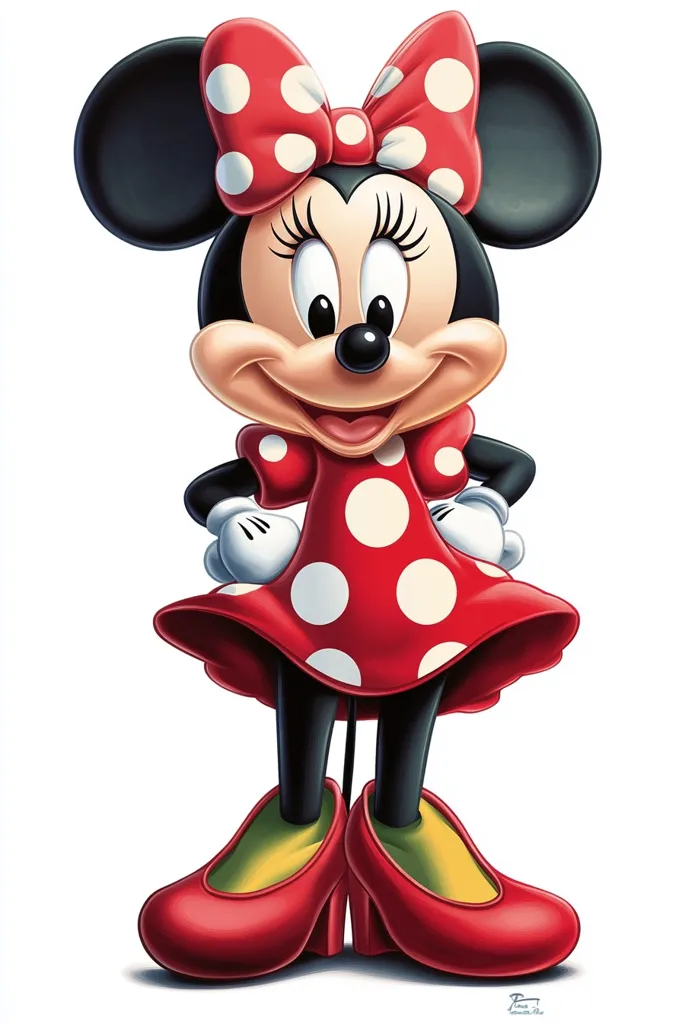 Minnie Mouse is depicted in her iconic red polka-dot dress and shoes. She has a large red bow with white polka dots in her hair and a big, friendly smile. Her large black ears add to her playful charm.  The cartoon-like style of the image gives Minnie a cheerful and energetic appearance.