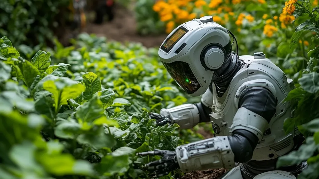 A white robot, wearing a helmet with a visor, is crouching in a lush green garden. The robot's hand is reaching out towards a patch of bright green leaves. The background is filled with blurred green foliage and yellow flowers. The scene suggests a future where robots are used in agriculture.