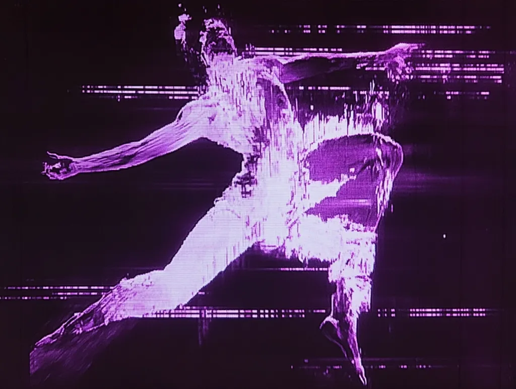 The image shows a distorted figure of a person in mid-air, with their arms outstretched. The figure is rendered in shades of purple, overlaid with digital glitches and static, creating a surreal and disorienting effect. The background is a black void, with faint horizontal lines adding to the image's digital aesthetic. The overall image has a haunting and mysterious feel.