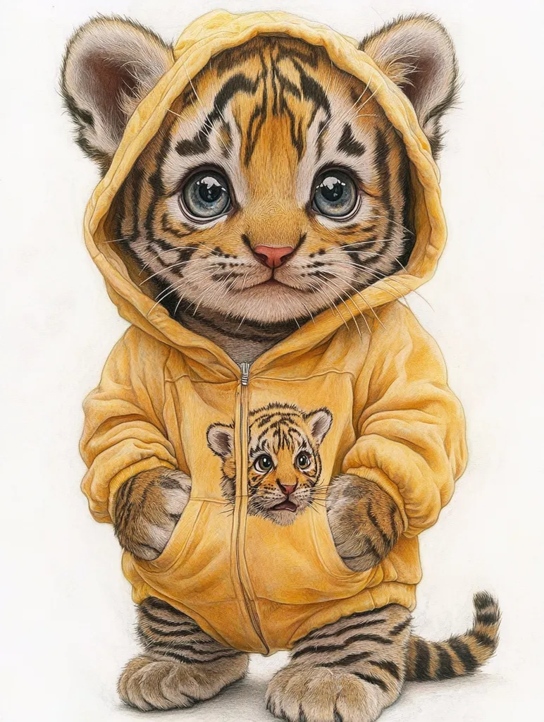 A cute tiger cub is wearing a yellow hoodie with a small tiger on the front pocket. The cub has big blue eyes, a pink nose and a cute little tail. Its black stripes are visible on its body. It looks like it's a warm and cuddly creature. The drawing is done in pencil and has a realistic style.