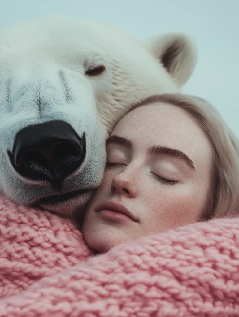 A young woman with her eyes closed rests her head against a polar bear's face. The bear's fur is white and fluffy, while the woman's face is soft and freckled. They are both wrapped in a pink knitted blanket.  The image evokes a sense of tranquility and peace, suggesting a close bond between the woman and the bear.