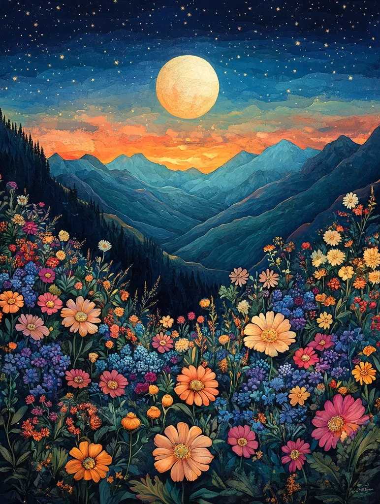The painting depicts a breathtaking landscape under a full moon. A field of vibrant flowers, mostly orange and pink, blossoms in the foreground. The flowers are surrounded by deep green foliage and a backdrop of towering blue mountains. The sky is awash in a dusky blue, scattered with twinkling stars, creating a magical and tranquil atmosphere. The moon, a glowing orb, hangs high in the sky, casting a soft, ethereal light on the scene.