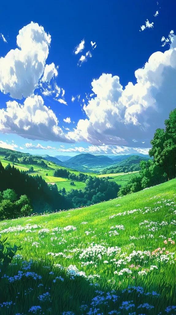 The image depicts a picturesque scene of a rolling green meadow dotted with white wildflowers.  The meadow slopes down towards a valley surrounded by lush hills and a distant mountain range.  A bright blue sky with puffy white clouds hangs overhead, completing the idyllic summer landscape.  The scene evokes a sense of peace and tranquility, inviting the viewer to imagine themselves basking in the warmth of a sunny day.