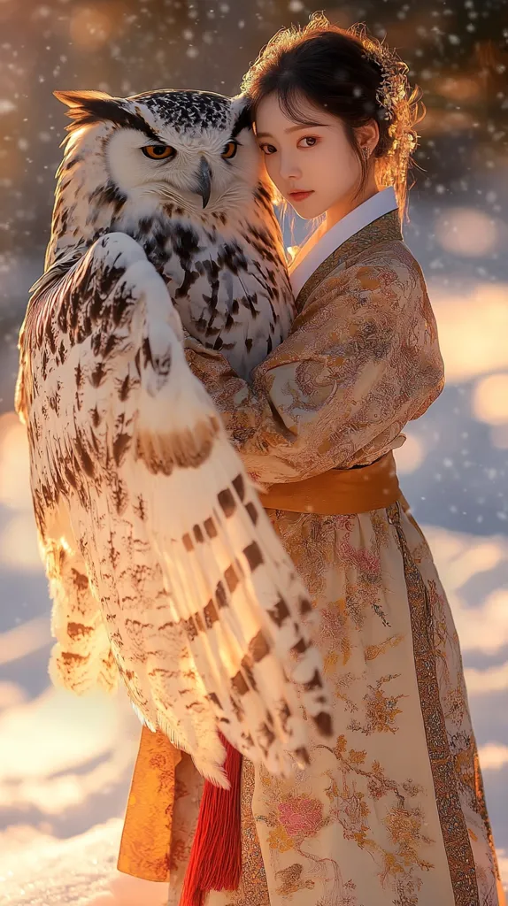 A young woman in a traditional Japanese kimono is holding a large snowy owl in her arms. The owl's wings are spread out, and its eyes are wide open. The woman is looking at the camera with a soft smile, and the background is a snowy landscape. The image evokes a sense of tranquility and wonder.