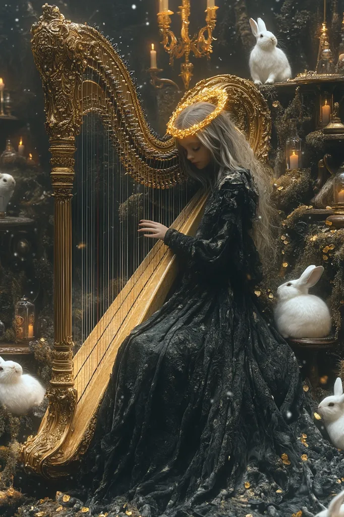 A young girl in a black dress and a golden crown sits playing a large, ornate harp in a mystical forest.  White rabbits are scattered around, adding to the enchanting and dreamlike atmosphere.  The scene is bathed in warm, golden light, creating a sense of magic and wonder.