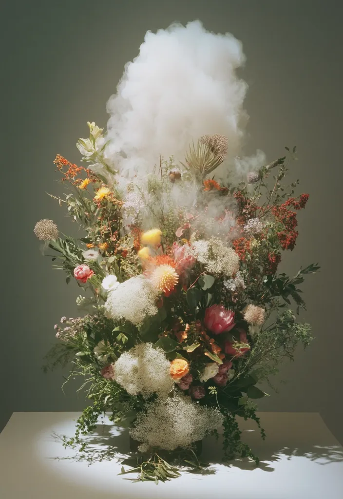A large bouquet of flowers is arranged in a vase on a white table against a green backdrop. The flowers are in various shades of pink, red, yellow, white, and orange. A cloud of white smoke rises from the top of the bouquet, filling the space above it. The flowers appear to be arranged in a natural, almost wild style, with branches and leaves adding to the organic feel. The light catches the smoke and flowers beautifully, creating a sense of ethereal beauty.