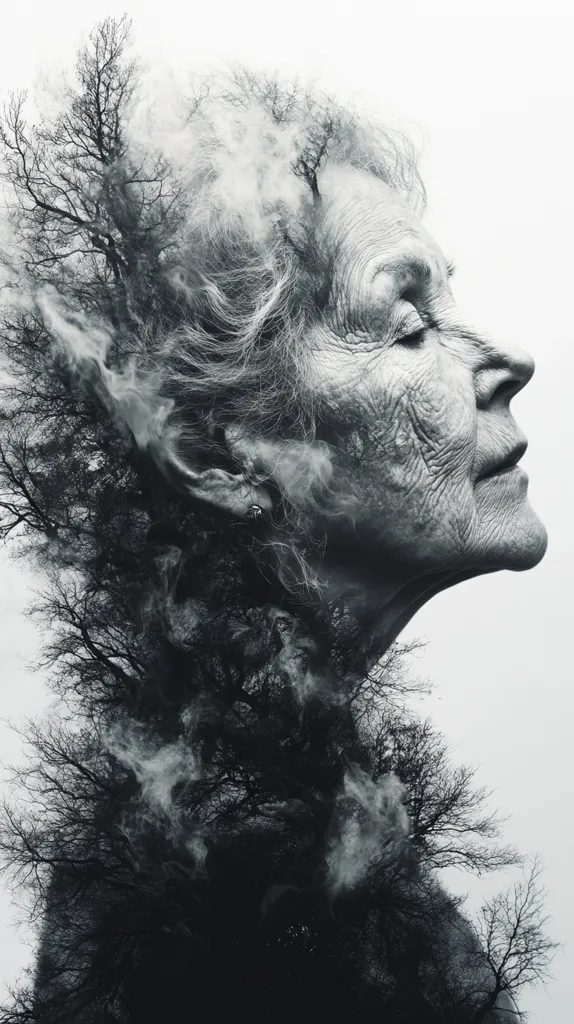 The image is a black and white double exposure of an elderly woman's face and a tree. The woman's face is on the right side of the image, looking up with her eyes closed. The tree branches are intertwined with the woman's hair, forming a hazy and ethereal effect. The image evokes a sense of peace, wisdom, and the connection between humans and nature.