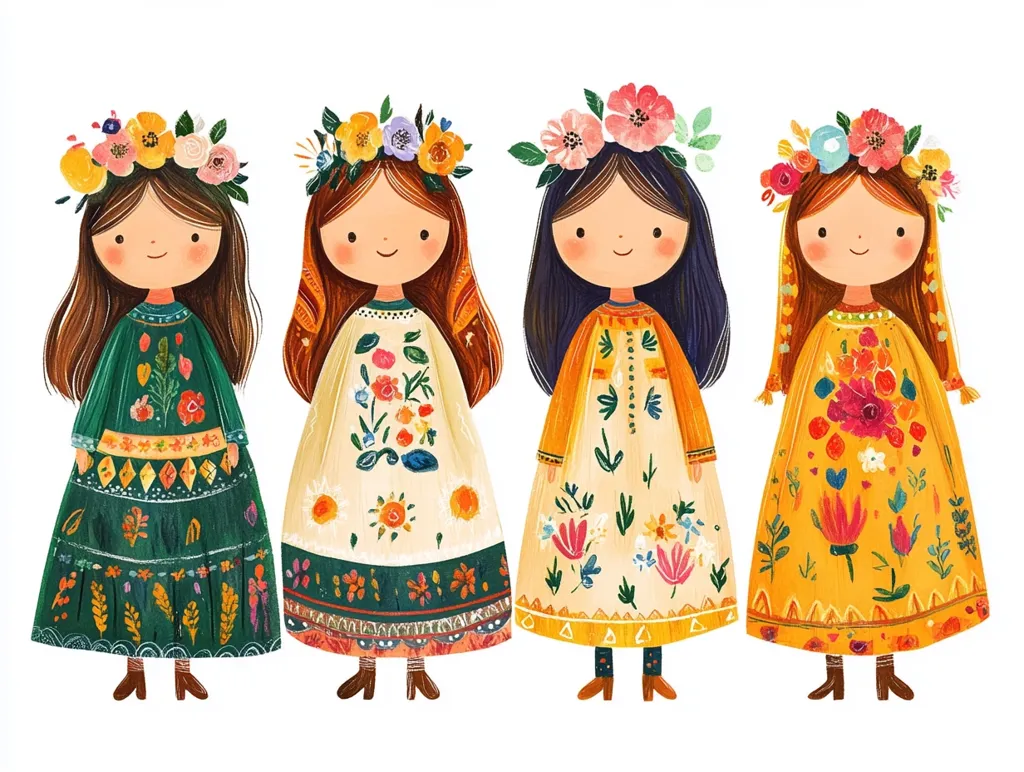 Four girls are standing in a row, each wearing a long dress with floral embroidery. They are all wearing flower crowns and smiling. They are cartoon characters with large eyes and bright colors.  The dresses are unique with different floral patterns, colors, and lengths. They are all adorable.