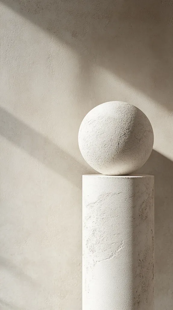 A large, white sphere rests atop a similarly textured cylindrical pedestal. The background is a textured, off-white wall with subtle shadowing. The simple composition, with a focus on light and texture, evokes a sense of serenity and minimalism.