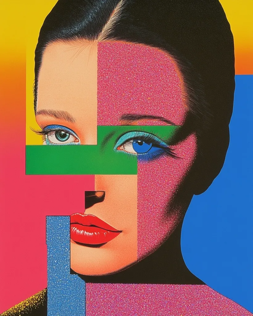 The image is a portrait of a woman with bold, colorful makeup. Her face is split into geometric sections, each with a different vibrant color: pink, green, blue, and yellow. The woman has dramatic eye makeup with a green shadow and bright blue eyeliner. Her lips are painted a bold red. The background is a solid blue color. The artwork has a graphic, stylized look. The image is suggestive of a 1980s aesthetic.