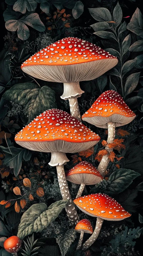 A group of five bright red and orange mushrooms with white spots, stand tall amongst lush green foliage. Their stems are thick and white with the caps spreading out above them. The dark green leaves create a moody background,  making the mushrooms seem even more vibrant. The image has a fairytale feel, with the mushrooms appearing magical and whimsical.