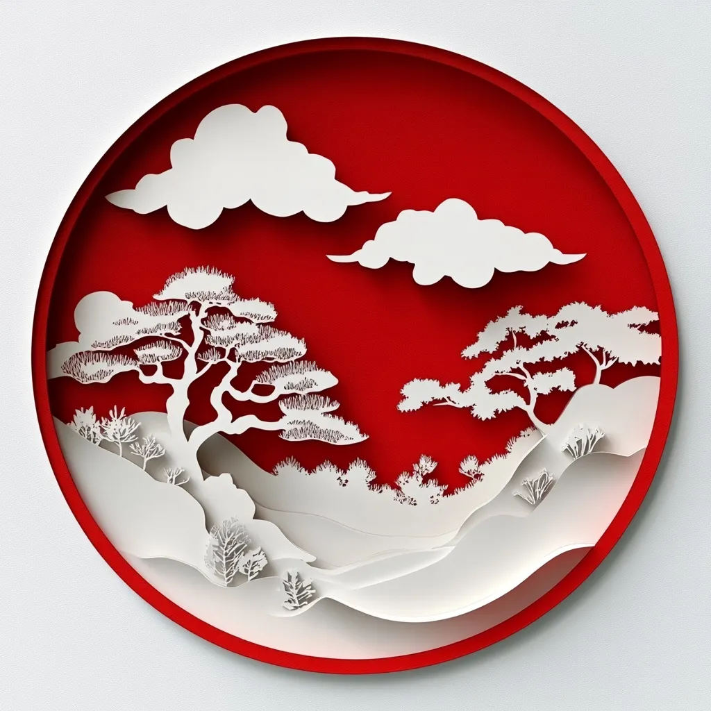 A paper cut-out artwork depicting a serene landscape. A red circle frame encloses a white paper landscape with two clouds, a large tree, a smaller tree, hills, and other foliage. The intricate detail of the paper cuts creates a 3D effect and a sense of depth. The artwork conveys tranquility and natural beauty.