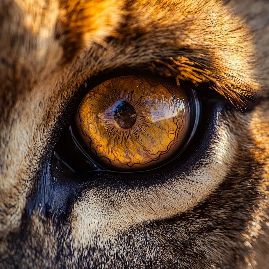 A close-up of a cat's eye, the golden iris is sharp and clear, with a dark, round pupil in the center. The surrounding fur is soft and brown, with a hint of orange. The eye is full of life and intensity, capturing the wildness of the animal.