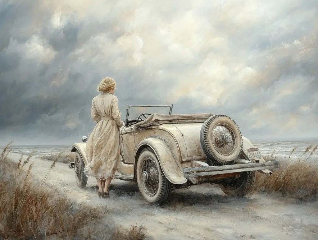 A woman in a long, white dress stands beside a vintage white convertible. The car is parked on a sandy beach, with tall grass and the ocean in the background. The sky is cloudy, with a hint of blue peeking through. The woman gazes towards the ocean, lost in thought. The scene evokes a sense of nostalgia and the quiet beauty of a seaside retreat.