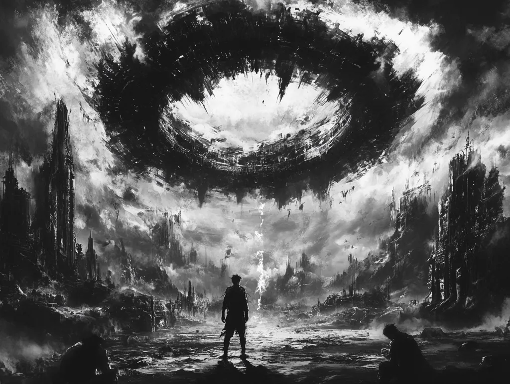 The image depicts a post-apocalyptic world, a desolate cityscape shrouded in a thick, swirling cloud. A lone figure stands in the foreground, gazing up at the ominous cloud, while another figure crouches in the distance, seemingly defeated. The scene is rendered in shades of gray, creating a somber and melancholic atmosphere. The imagery evokes a sense of loss, isolation, and the overwhelming power of nature.