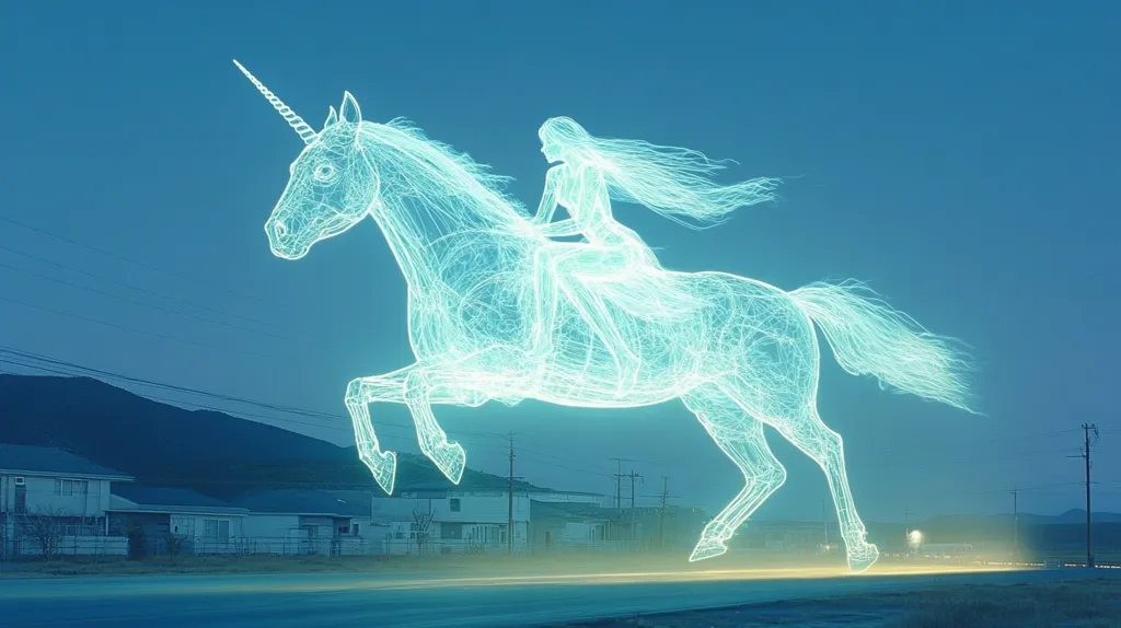 A glowing, ethereal unicorn gallops across a suburban street. Its body is made of light, a shimmering outline against the blue sky. A woman, also glowing, rides atop the unicorn, her long, flowing hair trailing behind her. The image evokes a sense of magic and wonder, as if the unicorn has materialized from a dream.