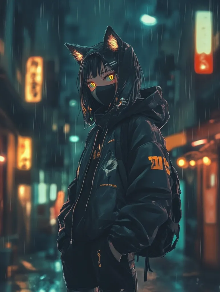 An anime girl with cat ears stands in a dimly lit alleyway, wearing a black hooded jacket and a black face mask. Her bright yellow eyes peek out from under the mask. The background is blurred, but you can see rain falling and lights from the city. She looks cool and mysterious.  The rain is falling around her.  She is looking towards the left, with a cool and collected expression.  The image has a dark and moody aesthetic.