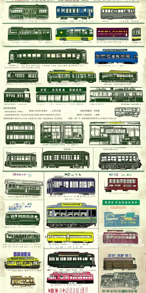 This image is a collection of vintage drawings of various tram designs. The drawings are detailed and depict different styles, lengths, and color schemes of trams. The image is organized into rows with captions in Japanese, providing information about the different tram types.