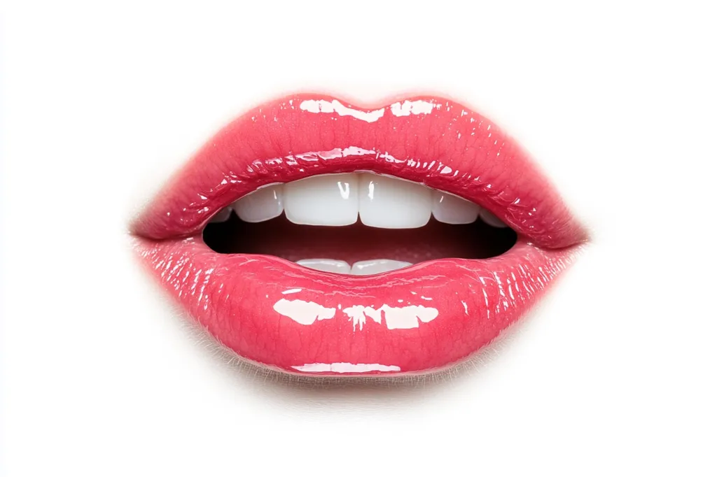 The image shows a close-up of a pair of lips. The lips are full and pouty, with a glossy pink lipstick. The mouth is slightly open, revealing white teeth. The lips are isolated against a white background. The image is likely used for beauty or cosmetics advertising.