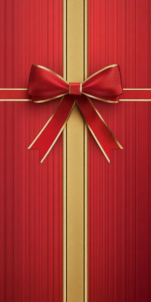 A large red bow with gold trim is centered on a red background with vertical stripes. A thick vertical gold stripe is centered behind the bow. The background has a slight sheen. The image is a simple, yet festive design.  It suggests a gift or celebration.