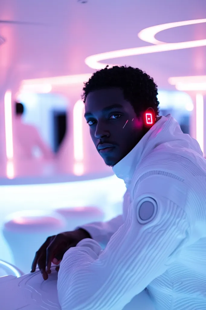 A young man wearing a white futuristic suit sits in a brightly lit room. The room is bathed in blue and pink light, and the man's skin glows under the lights. He looks directly at the camera, his expression serious. He has a small, red light glowing on his ear. The room is sleek and modern, with rounded surfaces and glowing lights.  The image evokes a sense of futuristic technology and mystery.