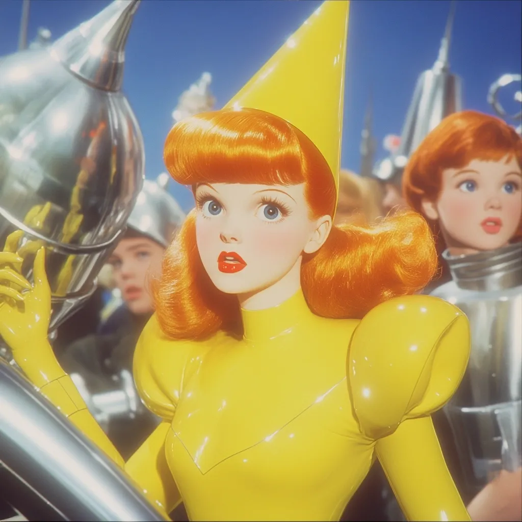 A woman with bright red hair and a yellow cone-shaped hat stands in a futuristic setting. She is wearing a yellow, shiny jumpsuit with puffed sleeves.  The background features other figures and a silver, metallic structure. The image is stylized and dreamlike, with a slightly surreal feel.