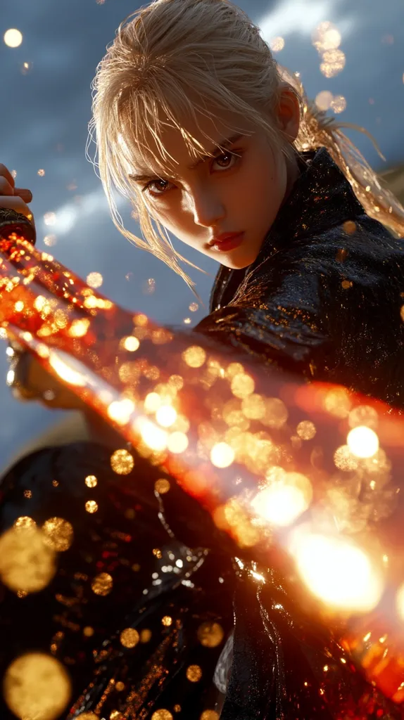 A young woman with long blonde hair and intense eyes, dressed in black, is holding a glowing orange sword. She looks determined and ready for battle, her face illuminated by the bright light emanating from the weapon. The background is a blur of golden light, highlighting the mystical nature of the scene.  The image conveys a sense of power and strength, suggesting a warrior ready to face a challenge.