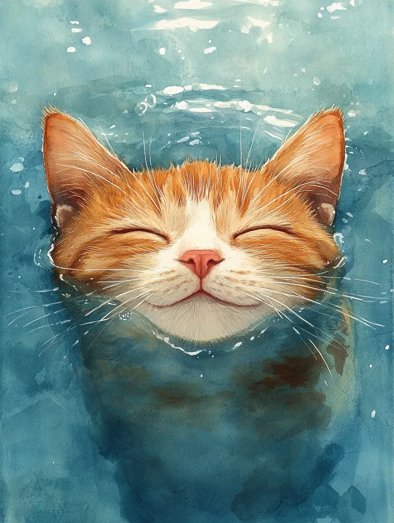A watercolor painting of a ginger cat with white markings swimming in blue water. The cat's eyes are closed and its mouth is slightly open in a smile. The water is rippling around the cat, creating a sense of movement. The painting is done in a realistic style and captures the joy of a cat enjoying a swim.