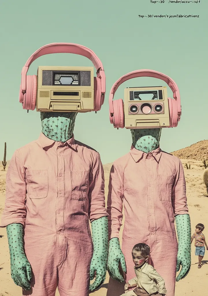 Two figures, each wearing a pink jumpsuit, are standing in a desert landscape.  Their heads are replaced with retro cassette players, with pink headphones. One of the figures is holding hands with a small child wearing a white shirt and brown shorts. There is a second child in the background.  A cactus stands in the background, creating a surreal and whimsical scene.  The overall tone of the image is lighthearted and playful.
