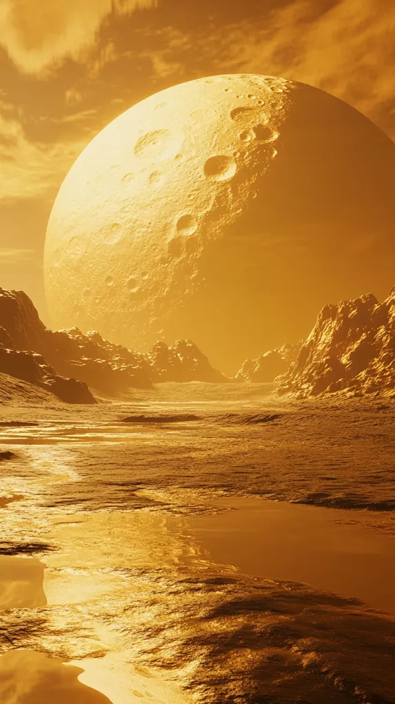 The image portrays a desolate alien landscape bathed in a warm, golden light. A massive, cratered moon hangs low in the sky, casting an ethereal glow over the rocky terrain. A shimmering, metallic river winds through the barren landscape, reflecting the celestial light. The scene is both surreal and mesmerizing, evoking a sense of solitude and vastness.