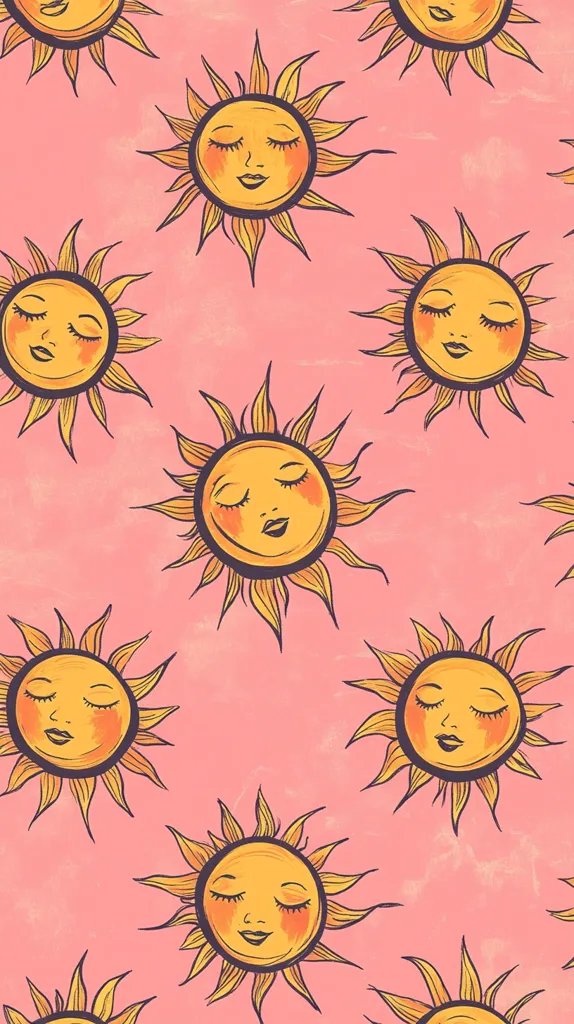 The image is a repeating pattern of cartoon suns with closed eyes and smiling mouths. The suns are yellow with orange faces and are set against a light pink background. They are drawn in a simple style with a slightly textured look.  The image has a cheerful and lighthearted feel.