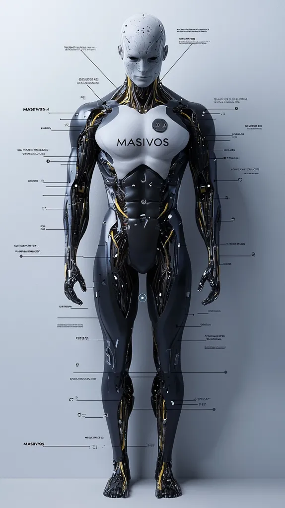 The image shows a detailed illustration of a humanoid robot with a white, partly see-through body, labeled with various technical terms. It appears to be an advanced android with exposed mechanical components, showcasing its intricate internal workings.  The robot's sleek, metallic design and the technical labels create a futuristic and technological aesthetic.  The robot stands with a stoic expression,  evoking a sense of both power and precision.