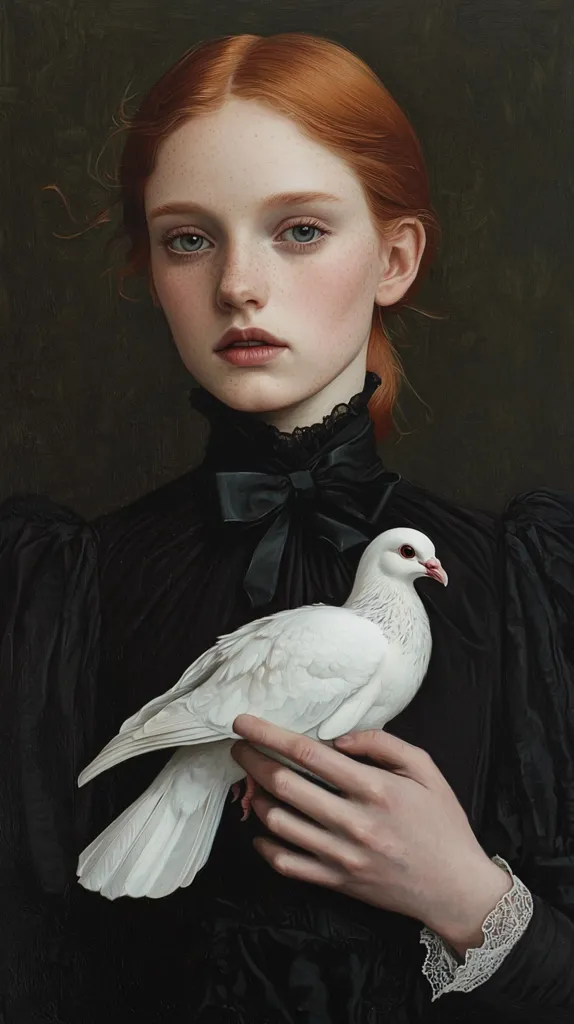 The painting depicts a young woman with long, flowing red hair, dressed in a black gown with a lace collar and a black bow. She holds a white dove in her hands, its head resting on her forearm. Her expression is gentle and introspective, suggesting a sense of peace or contemplation. The background is a muted green, creating a sense of intimacy and depth. The overall tone of the painting is melancholic and evocative.